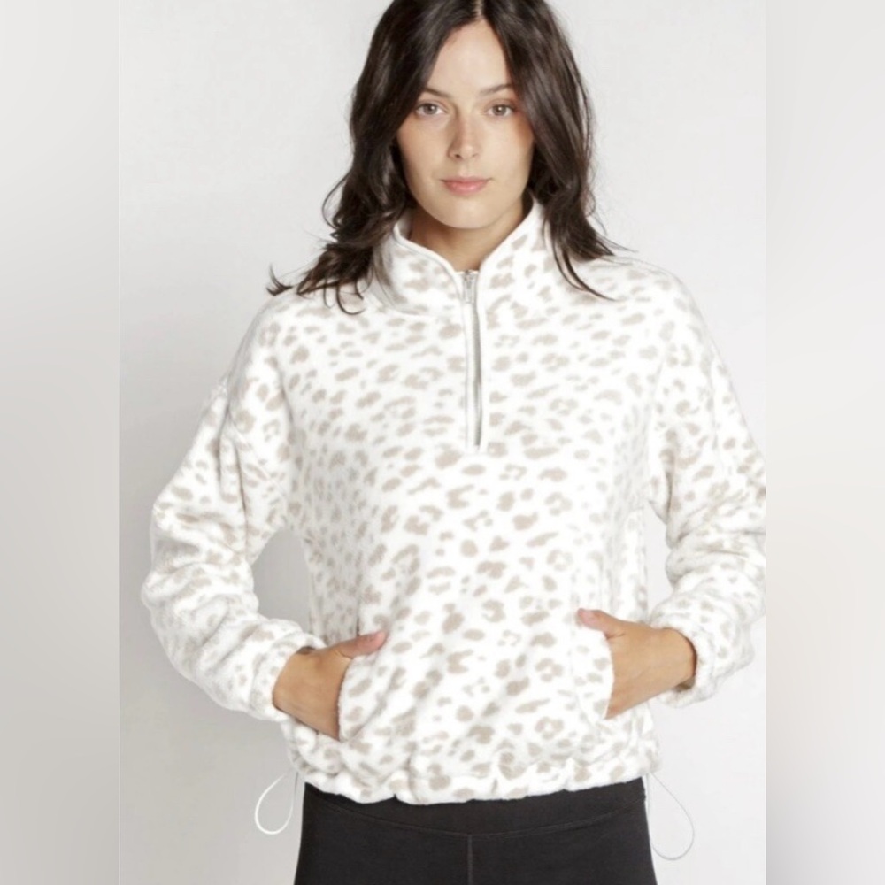 Women's Cream Leopard Print Fleece Quarter Zip Sweater- size large